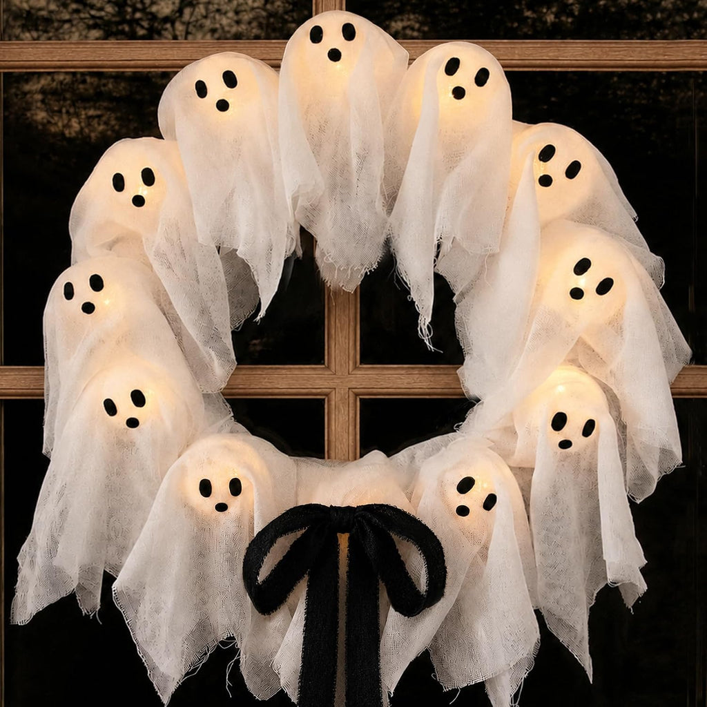 Halloween Decorations Outdoor - Cute Lit Ghost Wreath
